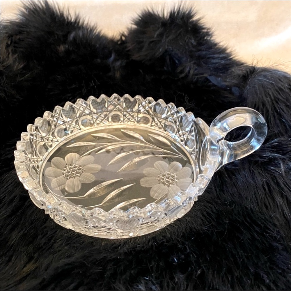 Antique Crystal Floral Brilliant Cut Glass Nut Olive Dish
